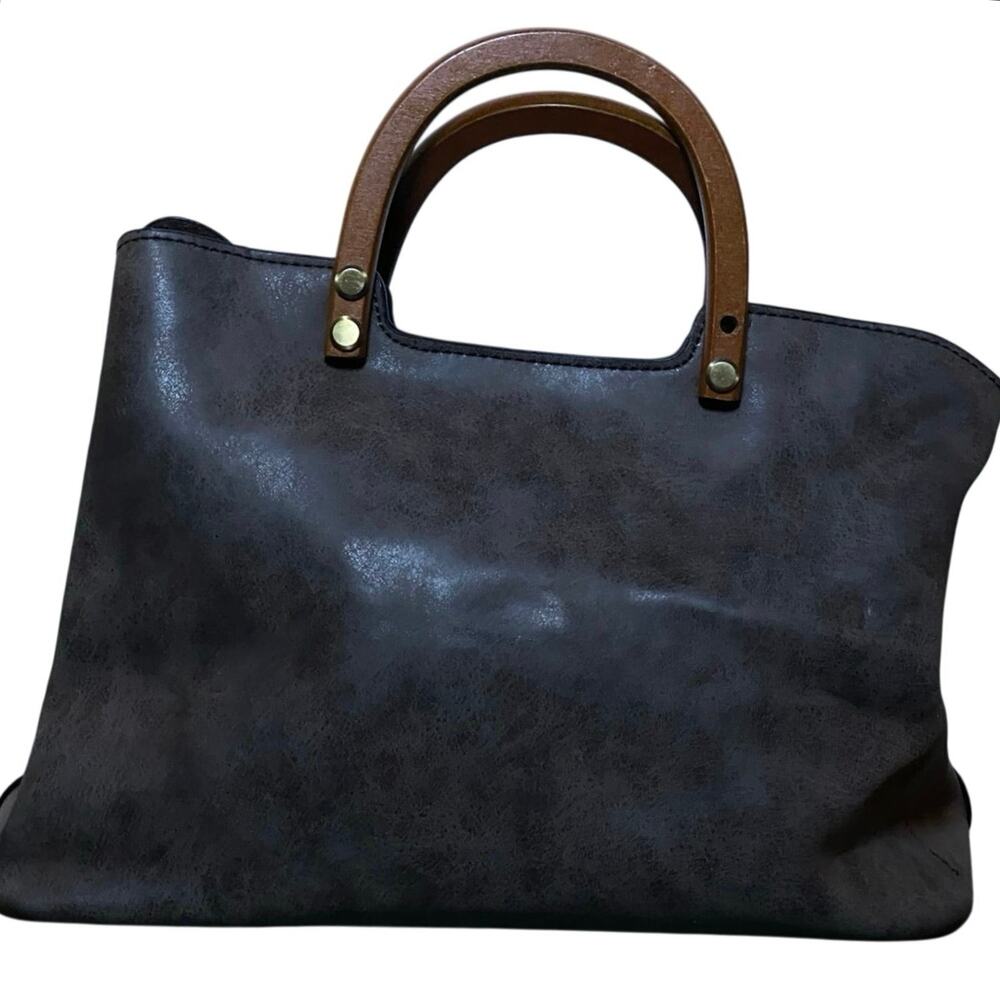 Vintage Acid Wash Gray Leather Wooden Handle Tote Slouchy Boho Bag